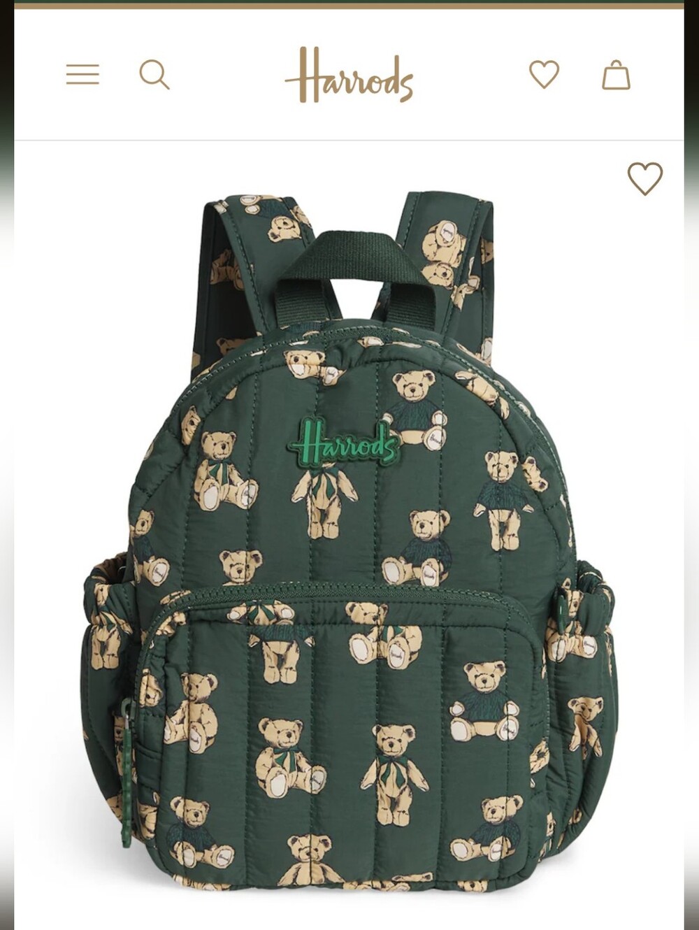 Harrods Dark Green Teddy Bear Quilted Kids Backpack